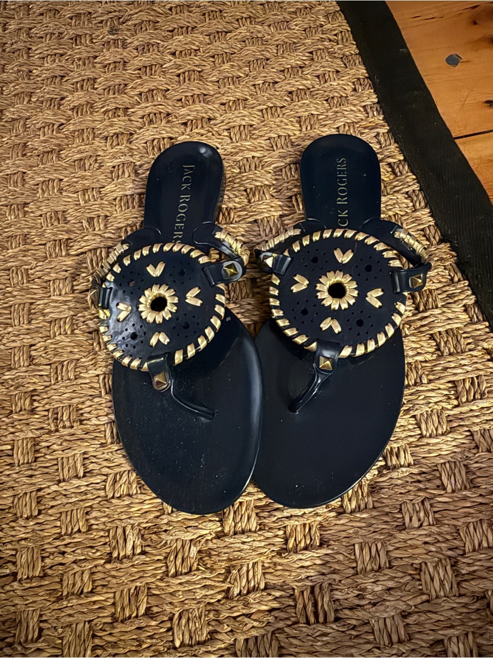 Jack Rogers Navy jelly GEORGICA Sandals with Gold Medallions